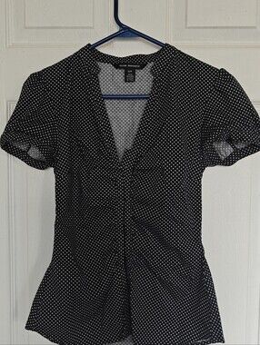 Club Monaco Black Polka Dot Cotton V-Neck Blouse, X-SMALL